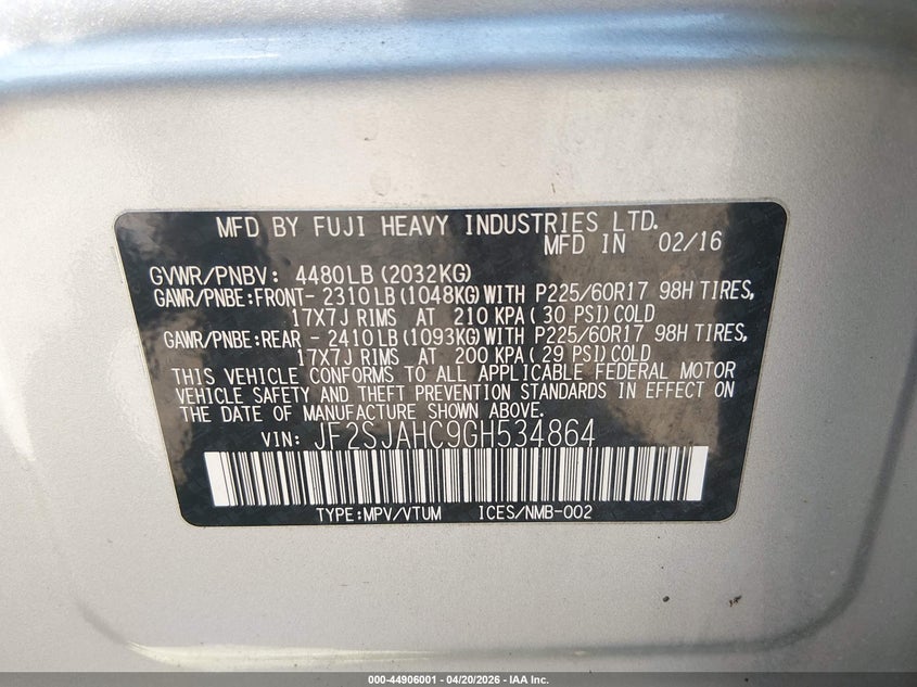 2016 SUBARU FORESTER SPORT UTILITY VEHICLE 2.5L H-4 DOHC, VVT, 170HP