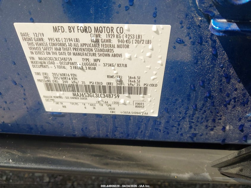 VIN MAJ6S3GL3LC348759 2020 FORD ECOSPORT SE