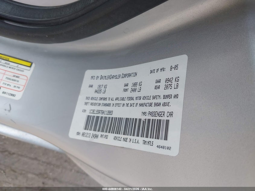 2006 Chrysler Sebring Touring VIN: 1C3EL55R76N112893 Lot: 44906140