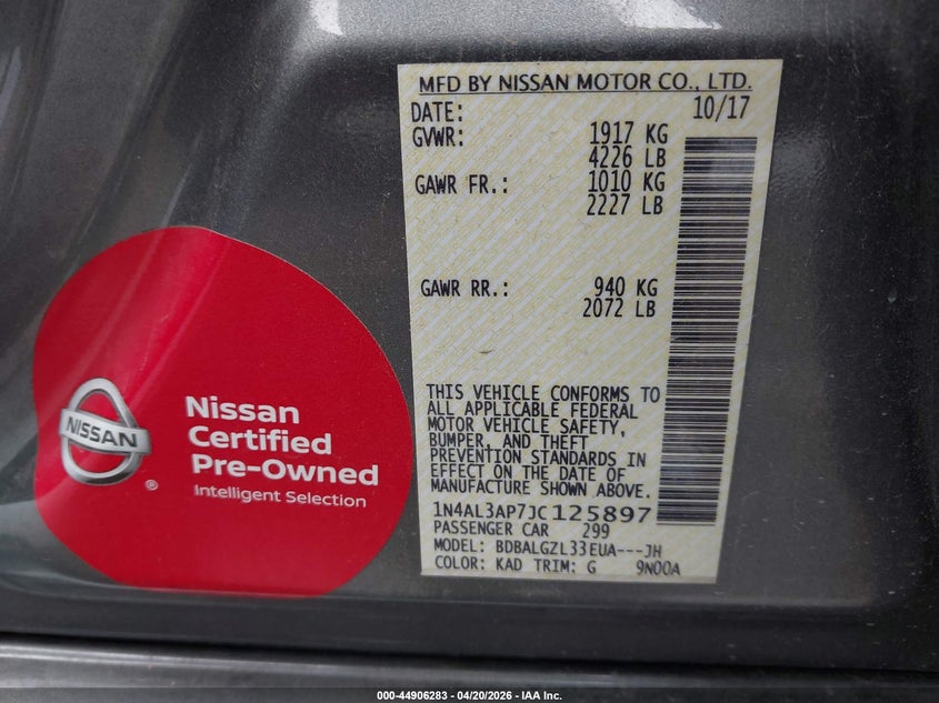 VIN 1N4AL3AP7JC125897 2018 NISSAN ALTIMA 2.5 S