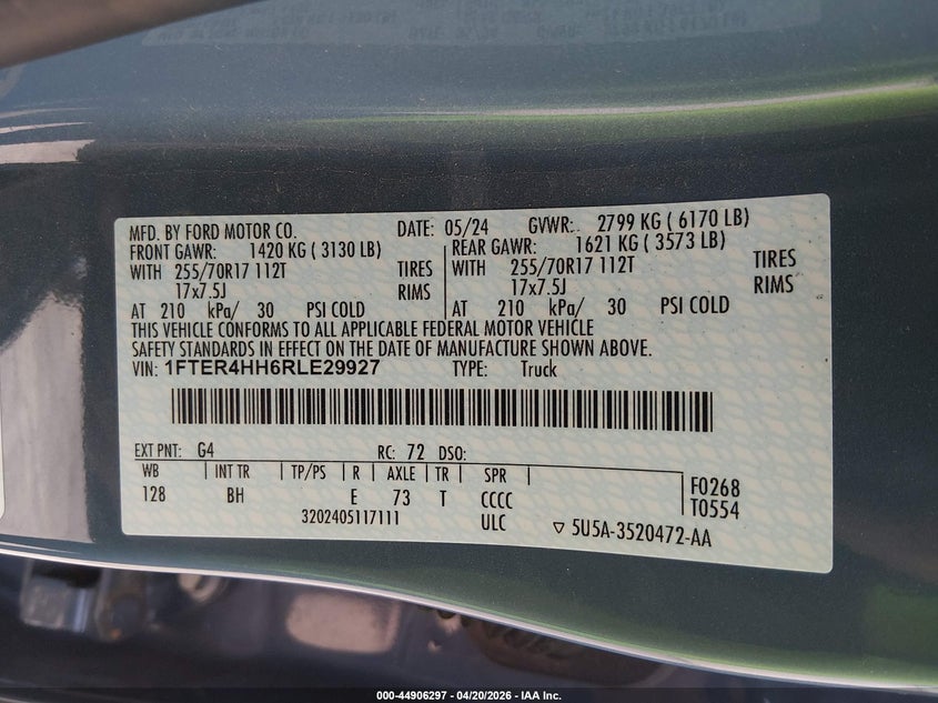 2024 FORD RANGER 2.3L I-4 DI, DOHC, V(VIN: 1FTER4HH6RLE29927