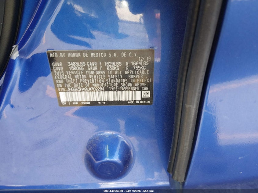 2020 Honda Fit Lx VIN: 3HGGK5H49LM702284 Lot: 44906350