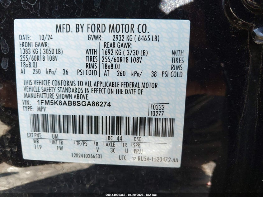 2025 FORD POLICE INTERCEPTOR UTILITY 3.3L V-6 DI, DOHC, V(VIN: 1FM5K8AB1SGA86469