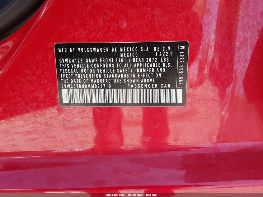 2021 VOLKSWAGEN JETTA 1.4L I-4 DI, DOHC, V(VIN: 3VWC57BU8MM099710