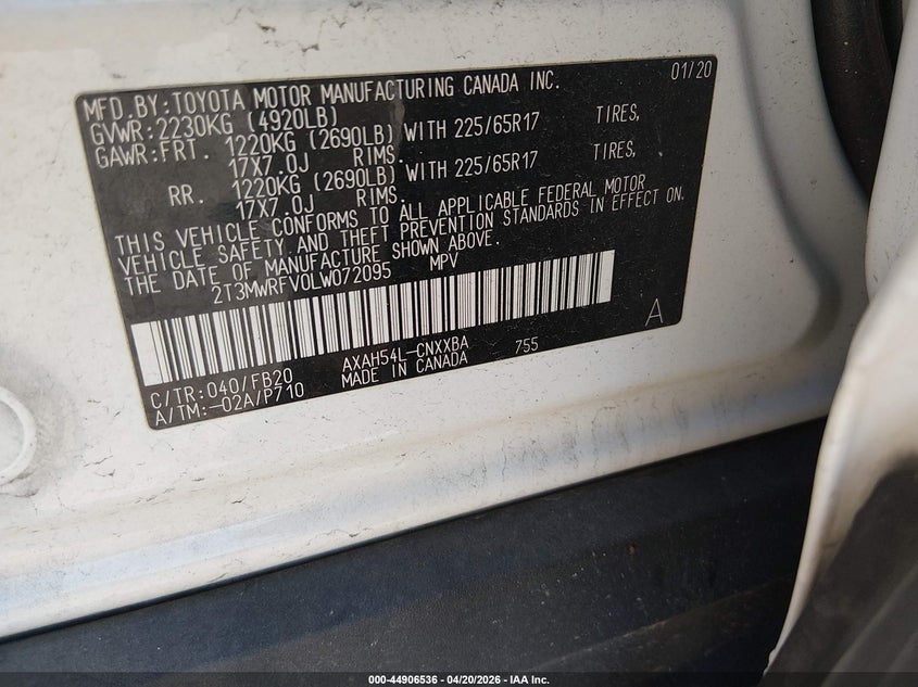 VIN 2T3MWRFV0LW072095 2020 TOYOTA RAV4 HYBRID LE
