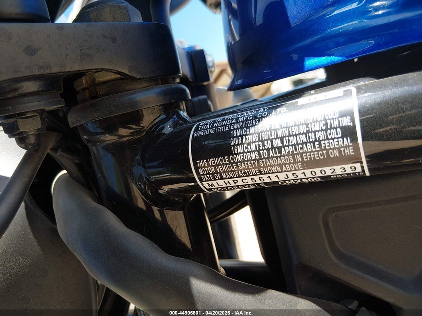 2018 Honda Cmx500 VIN: MLHPC5611J5100239 Lot: 44906801