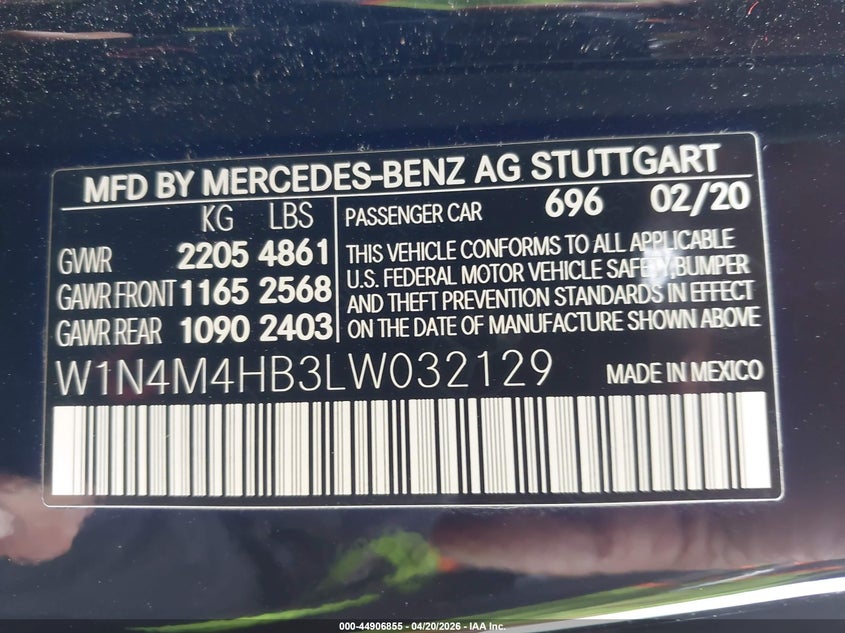 2020 Mercedes-Benz Glb 250 4Matic VIN: W1N4M4HB3LW032129 Lot: 44906855