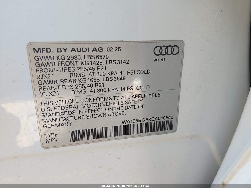 2025 Audi Sq6 E-Tron Prestige Quattro VIN: WA135BGFXSA040646 Lot: 44906976