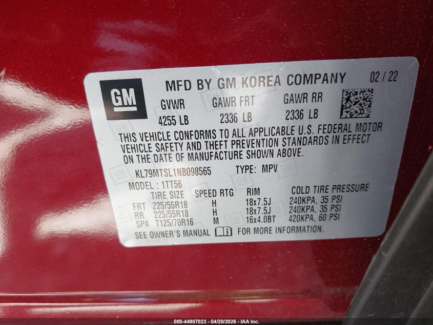 2022 CHEVROLET TRAILBLAZER UNKNOWN SPECS(VIN: KL79MPXL1NB098565