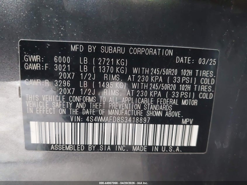2025 SUBARU ASCENT 2.4L H-4 DI, DOHC, V(VIN: 4S4WMAFD8S3418897