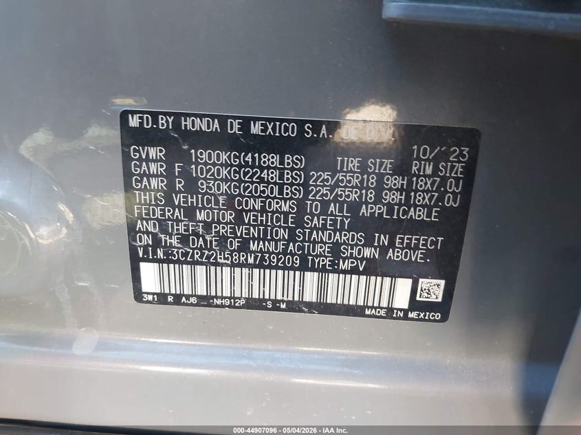 2024 HONDA HR-V 2.0L I-4 DI, DOHC, V(VIN: 3CZRZ2H58RM739209