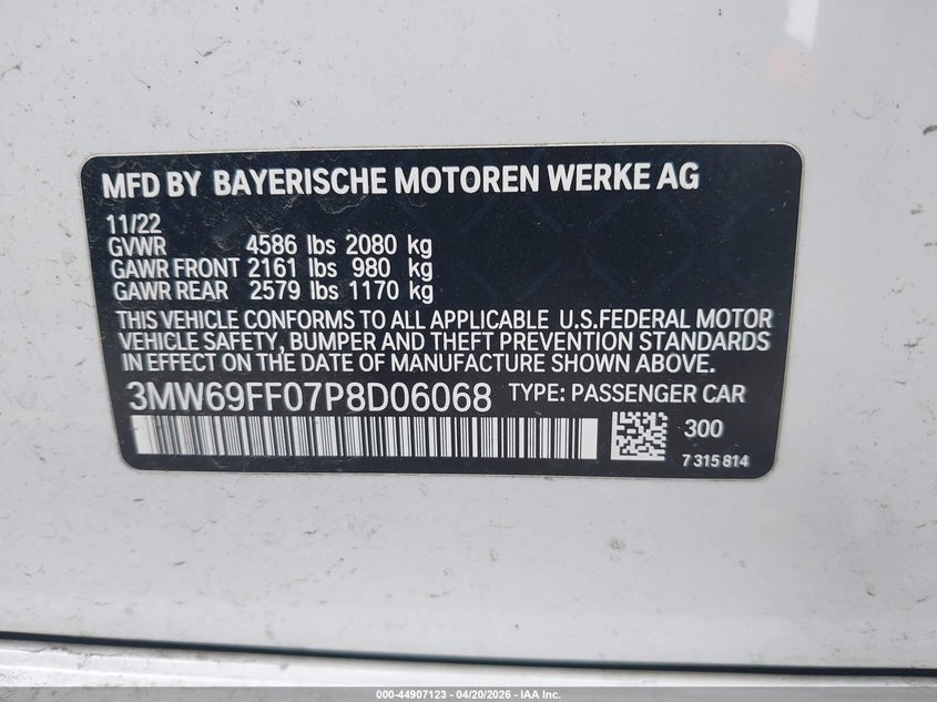 BMW 330I 2023 VIN 3MW69FF07P8D06068