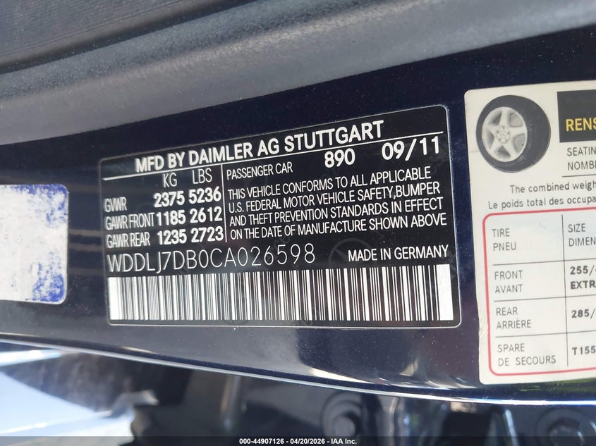 2012 Mercedes-Benz Cls 550 VIN: WDDLJ7DB0CA026598 Lot: 44907126