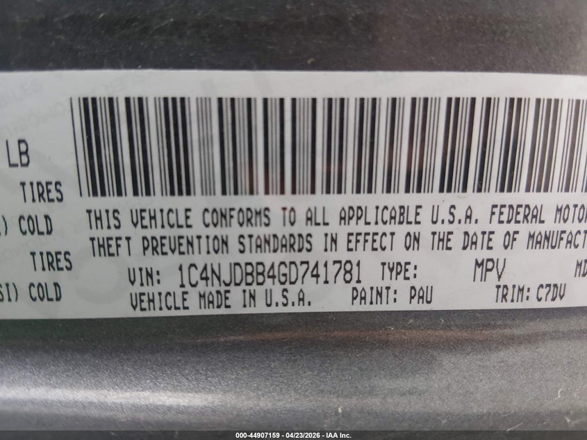 2016 Jeep Compass Sport VIN: 1C4NJDBB4GD741781 Lot: 44907159