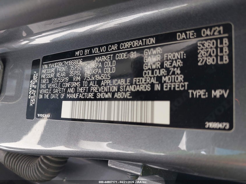 2021 Volvo Xc60 T5 Momentum VIN: YV4102RK7M1868806 Lot: 44907171