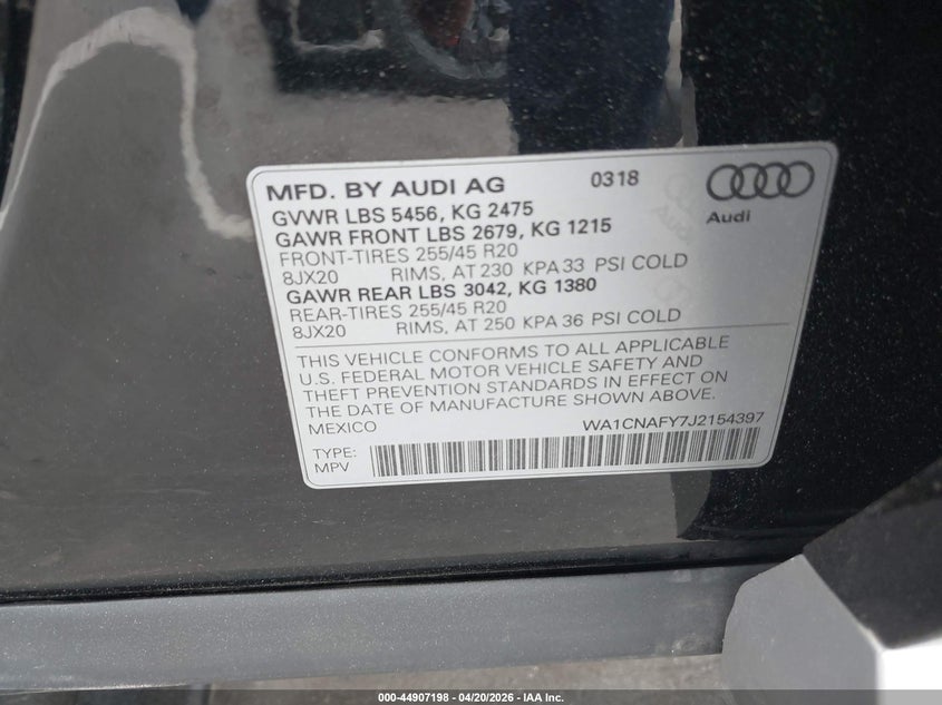 2018 AUDI Q5 SPORT UTILITY VEHICLE 2.0L I-4 DI, DOHC, VVT, TURBO, 252HP