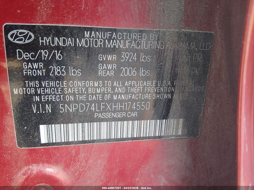 VIN 5NPD74LFXHH174550 2017 HYUNDAI ELANTRA SE