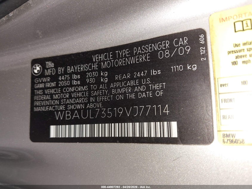 2009 BMW 128I VIN: WBAUL73519VJ77114 Lot: 44907292