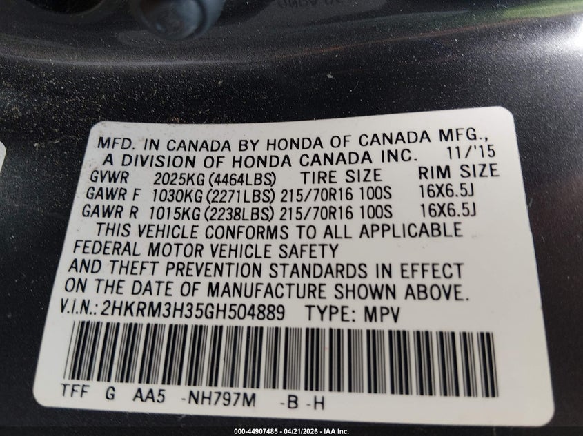 2016 HONDA CR-V SPORT UTILITY VEHICLE 2.4L I-4 DI, DOHC, VVT, 185HP