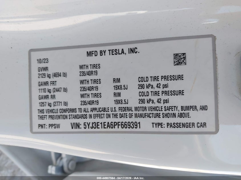 2023 Tesla Model 3 Rear-Wheel Drive VIN: 5YJ3E1EA6PF669391 Lot: 44907564