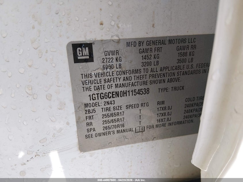 2017 GMC Canyon Sle VIN: 1GTG6CEN0H1154538 Lot: 44907600