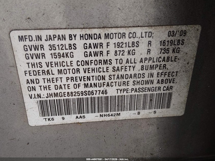 2009 Honda Fit VIN: JHMGE88259S067746 Lot: 44907691