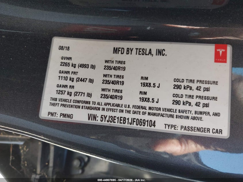 2018 Tesla Model 3 Long Range/Performance VIN: 5YJ3E1EB1JF069104 Lot: 44907695