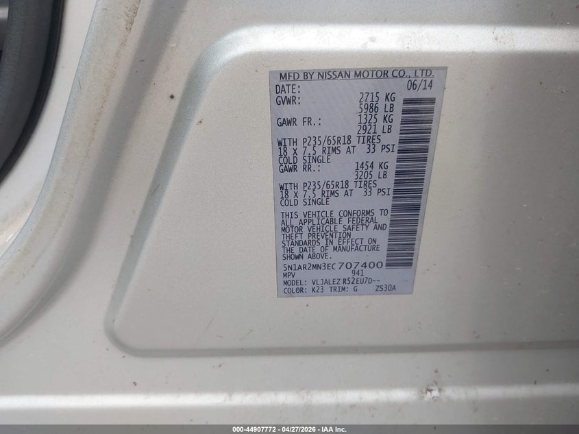 2014 Nissan Pathfinder Sv VIN: 5N1AR2MN3EC707400 Lot: 44907772