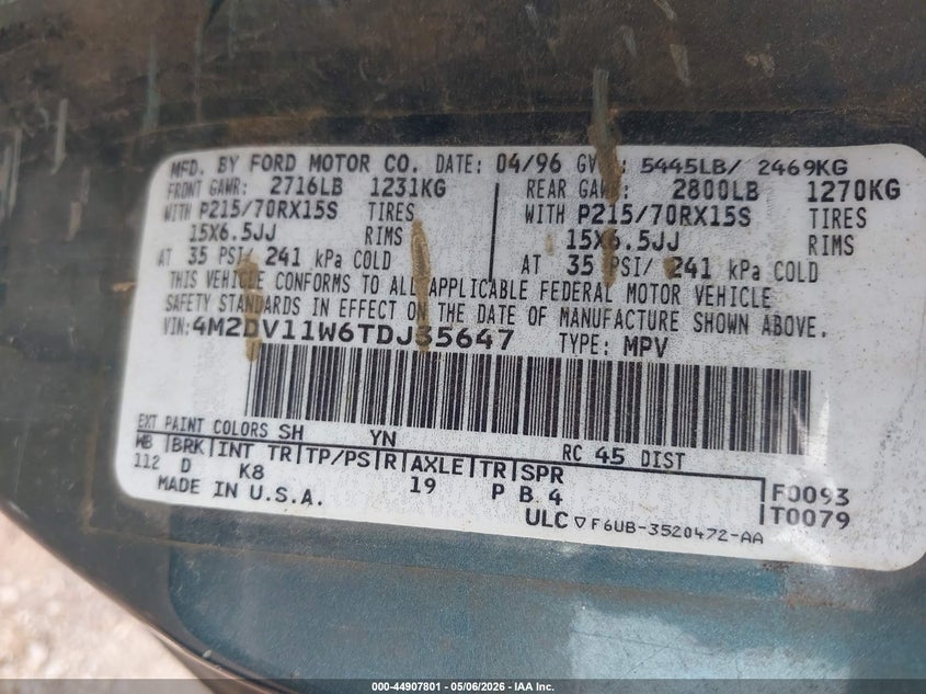 1996 Mercury Villager VIN: 4M2DV11W6TDJ35647 Lot: 44907801