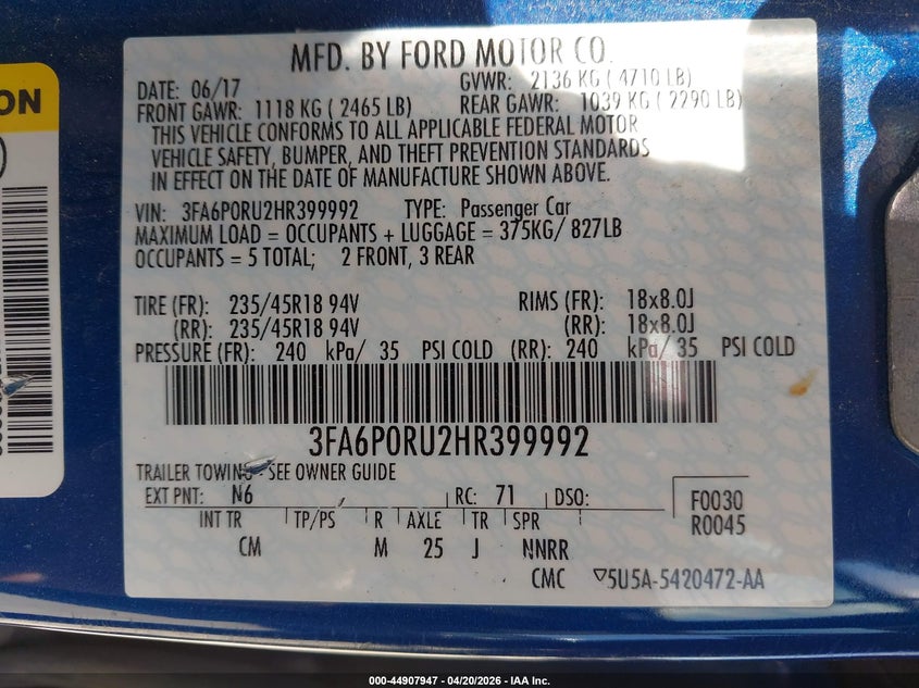 VIN 3FA6P0RU2HR399992 2017 FORD FUSION HYBRID TITANIUM