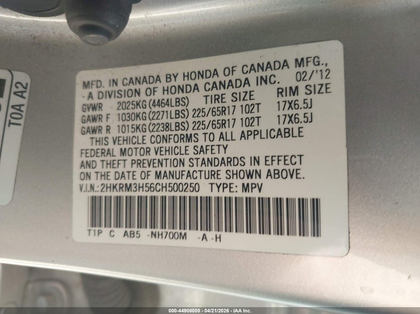 2012 HONDA CR-V SPORT UTILITY VEHICLE 2.4L I-4 DOHC, VVT, 185HP