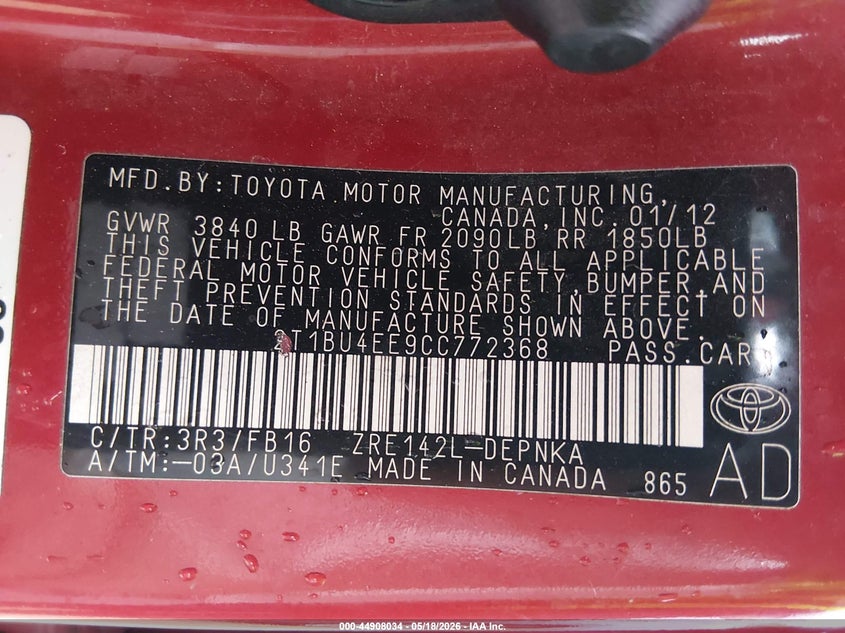 2012 Toyota Corolla 1.8 Le red Lot 111044908034 Vin 2T1BU4EE9CC772368