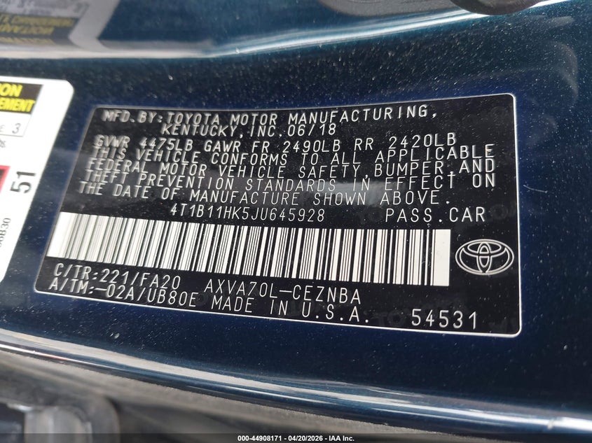 VIN 4T1B11HK5JU645928 2018 TOYOTA CAMRY LE