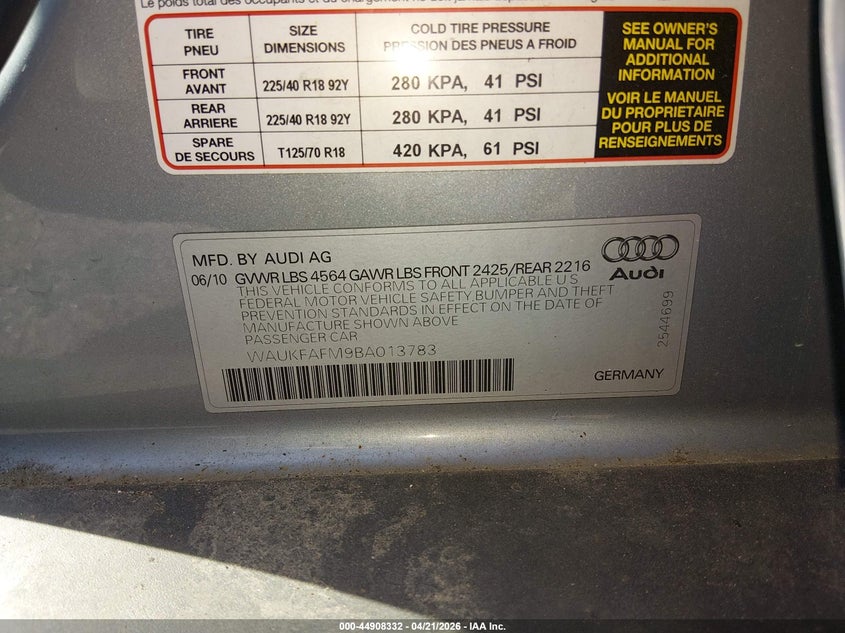 2011 Audi A3 2.0T Premium VIN: WAUKFAFM9BA013783 Lot: 44908332