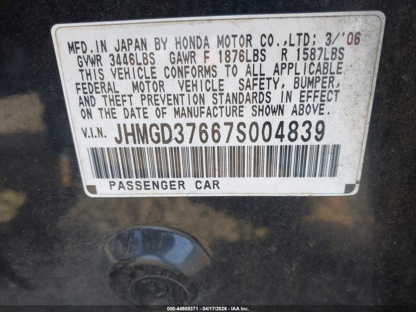 2007 Honda Fit Sport VIN: JHMGD37667S004839 Lot: 44908371