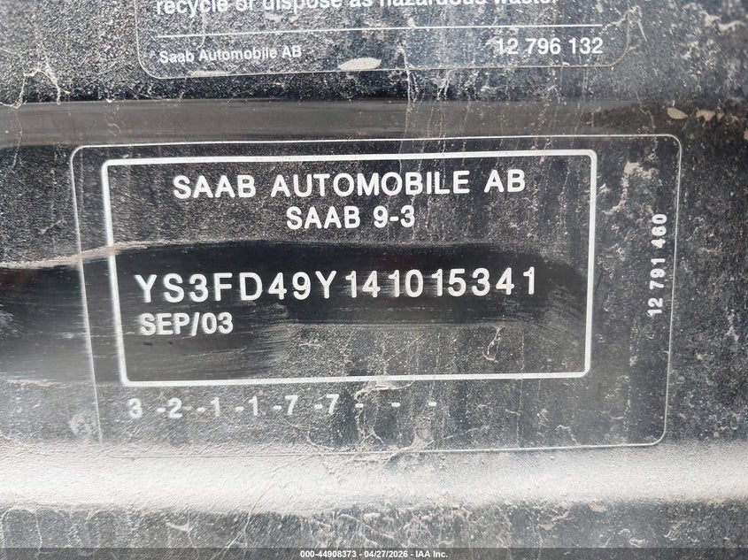 2004 Saab 9-3 Arc VIN: YS3FD49Y141015341 Lot: 44908373