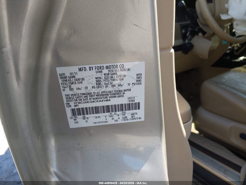 2012 Ford Escape 3.0 Limited beige Lot 111044908425 Vin 1FMCU0EG4CKA41484