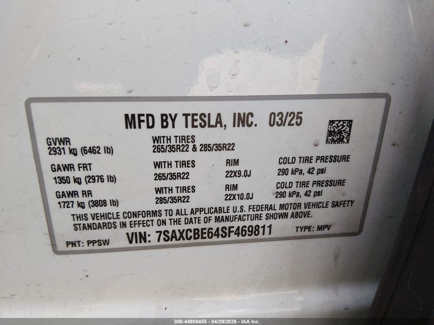 VIN 7SAXCBE64SF469811 2025 TESLA MODEL X PLAID