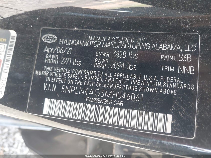 VIN 5NPLN4AG3MH046061 2021 HYUNDAI ELANTRA SEL