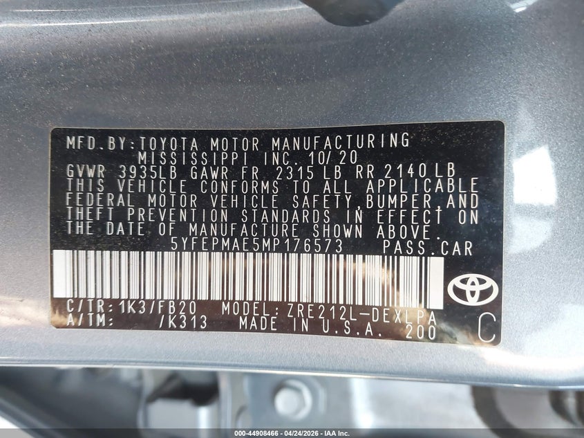 2021 TOYO COROLLA LE W/CONTINU 1.8L I-4 DOHC, VVT, (VIN: 5YFEPMAE5MP176573