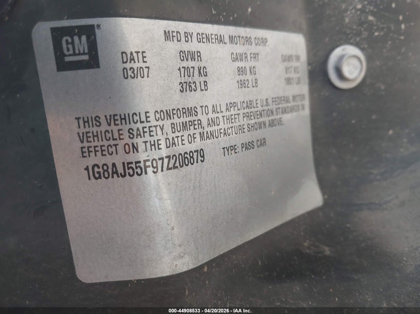 2007 Saturn Ion 2 VIN: 1G8AJ55F97Z206879 Lot: 44908533