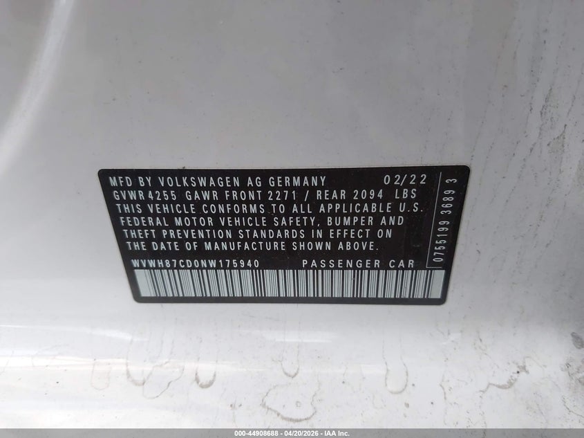 2022 Volkswagen Golf Gti 2.0T S VIN: WVWH87CD0NW175940 Lot: 44908688