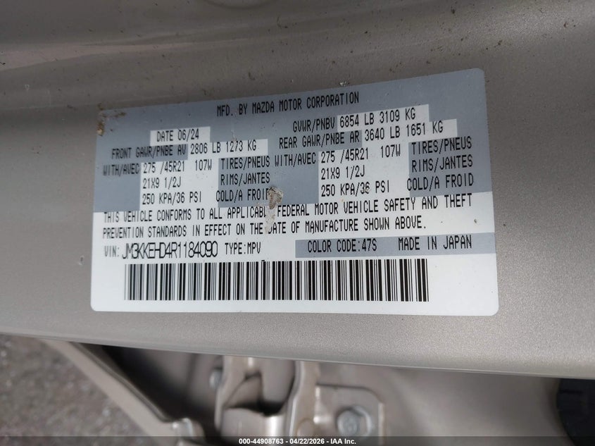 2024 Mazda Cx-90 3.3 Turbo Premium Plus VIN: JM3KKEHD4R1184090 Lot: 44908763