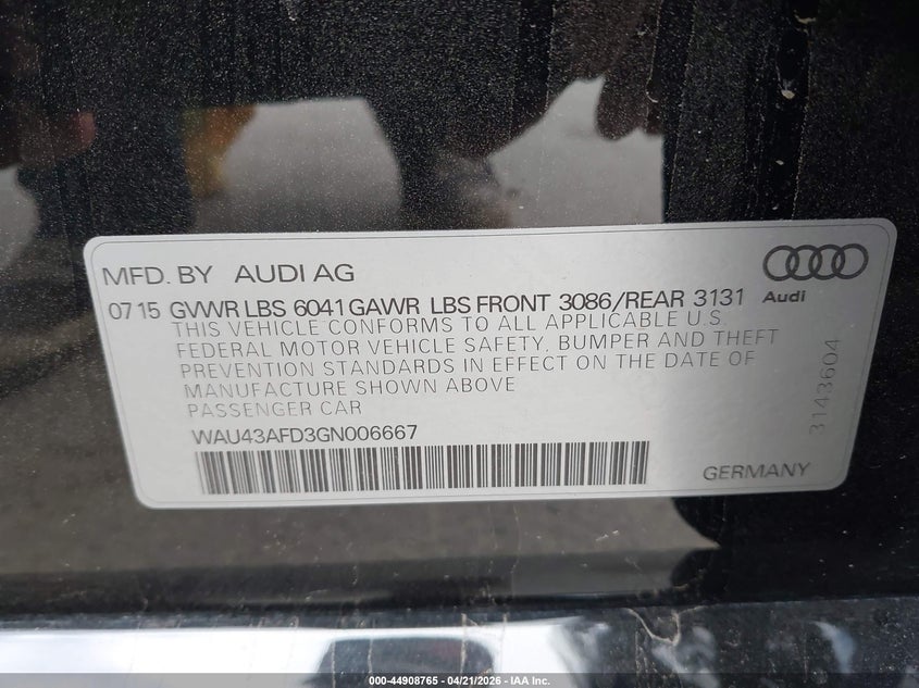 2016 Audi A8 L 4.0T Sport VIN: WAU43AFD3GN006667 Lot: 44908765
