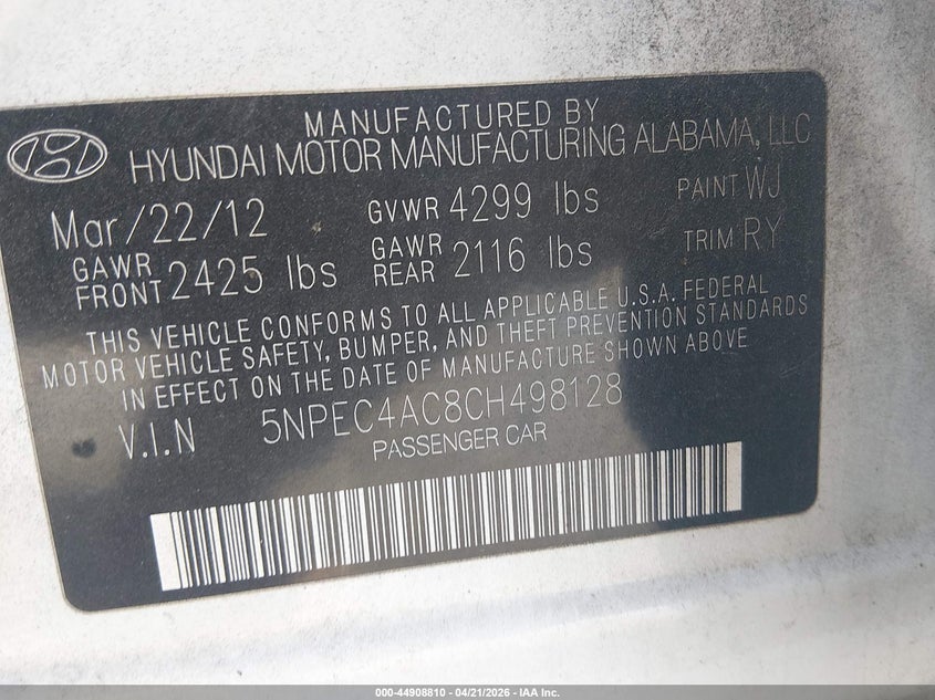 2012 Hyundai Sonata 2.4 Se white Lot 111044908810 Vin 5NPEC4AC8CH498128