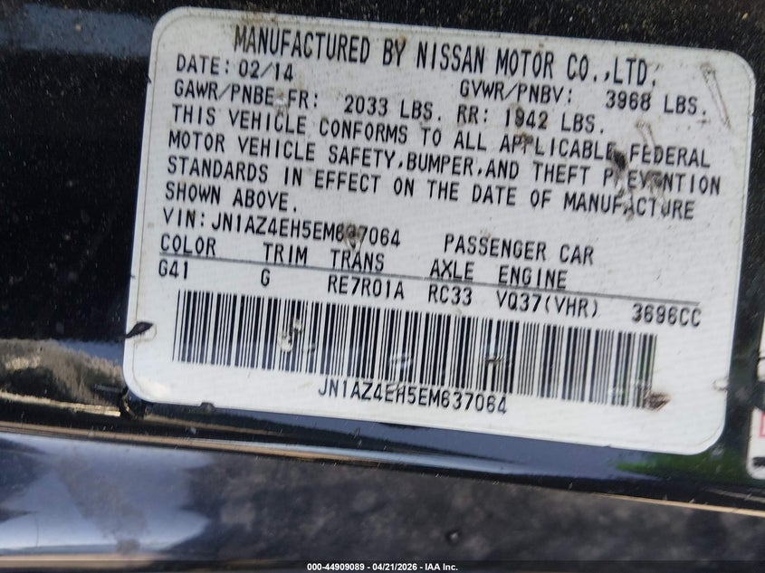 2014 Nissan 370Z VIN: JN1AZ4EH5EM637064 Lot: 44909089