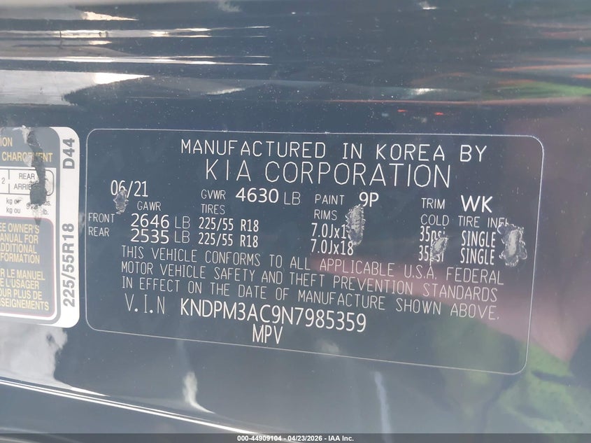 2022 KIA SPORTAGE 2.4L I-4 DI, DOHC, V(VIN: KNDPM3AC9N7985359