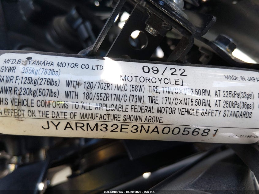 2022 Yamaha Mt07 VIN: JYARM32E3NA005681 Lot: 44909137