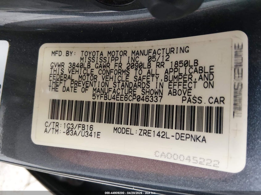 2012 Toyota Corolla 1.8 Le grey Lot 111044909200 Vin 5YFBU4EE6CP046337