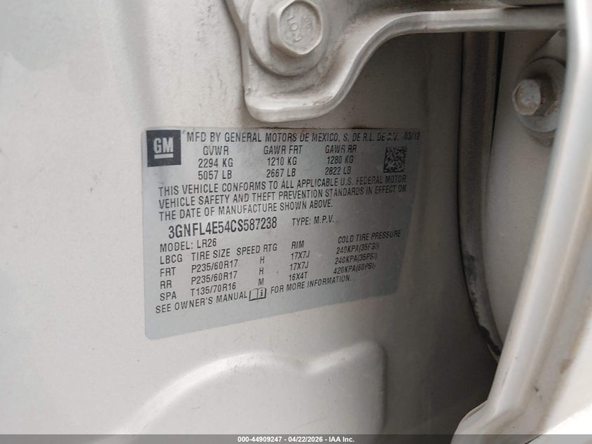 2012 Chevrolet Captiva Sport Ltz VIN: 3GNFL4E54CS587238 Lot: 44909247